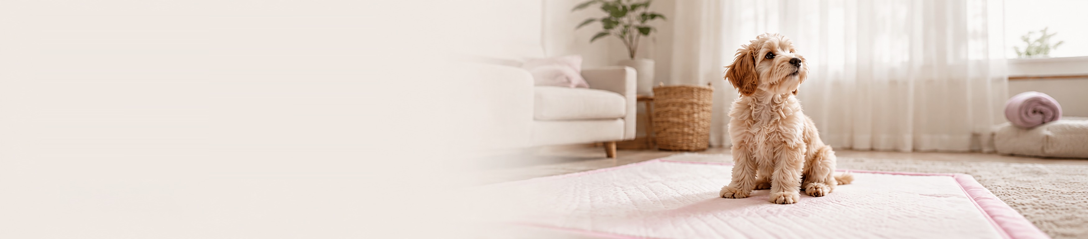 A small puppy sitting on a pink MOMOCO pet pad in a bright modern home.