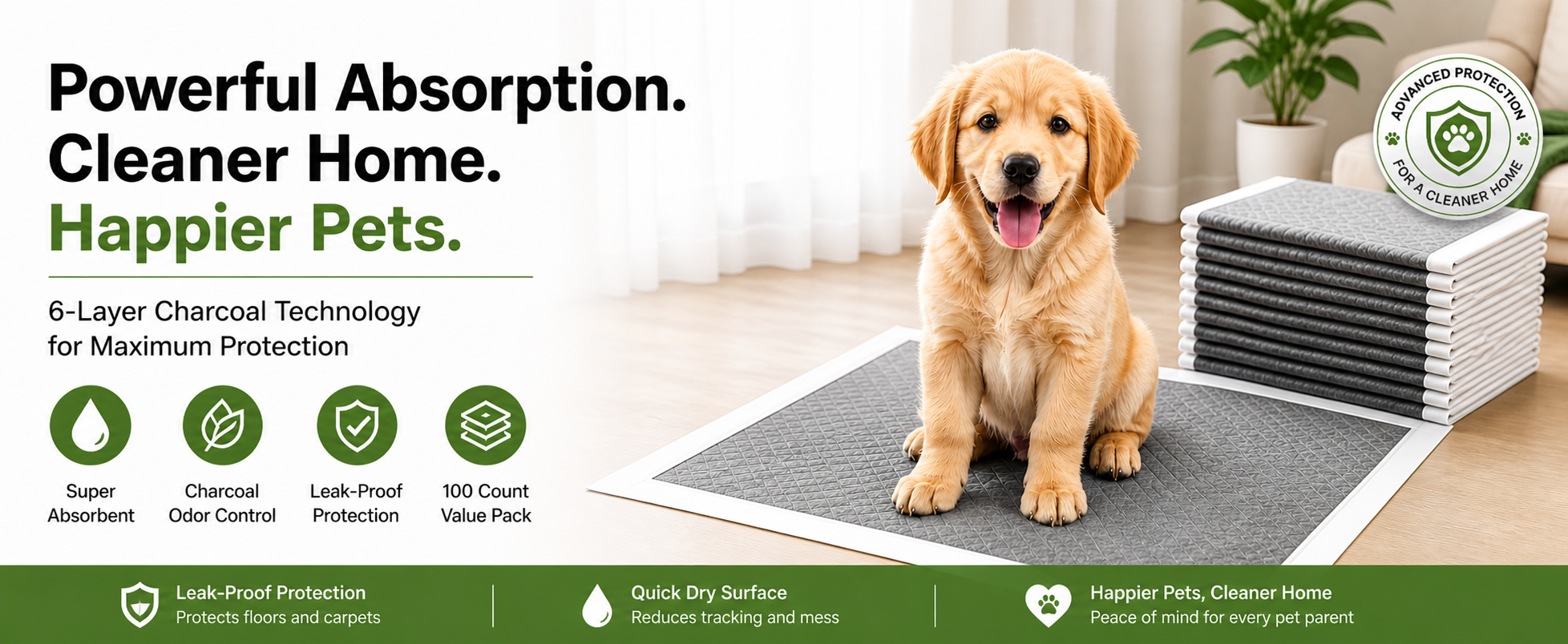 Bamboo Charcoal Puppy Pads 23×23, 100 Count, 6-Layer Leak-Proof Dog Training Pads
