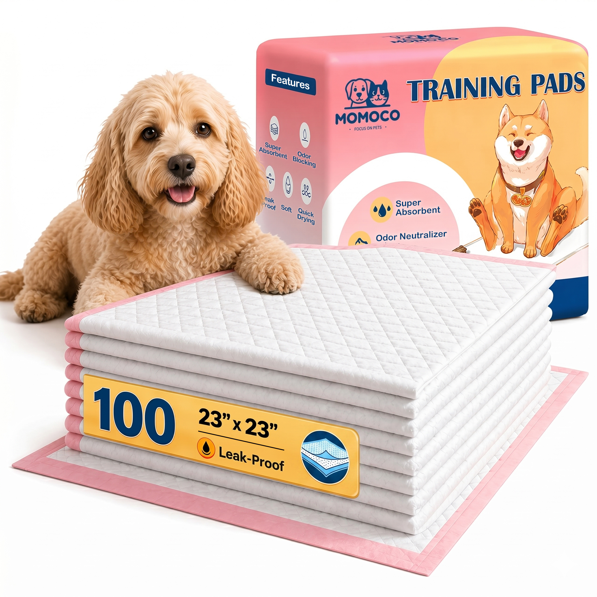 MoMoCo 23×23 Pink Puppy Pads 100 Count, 6-Layer Dog Pee Pads for Small Dogs