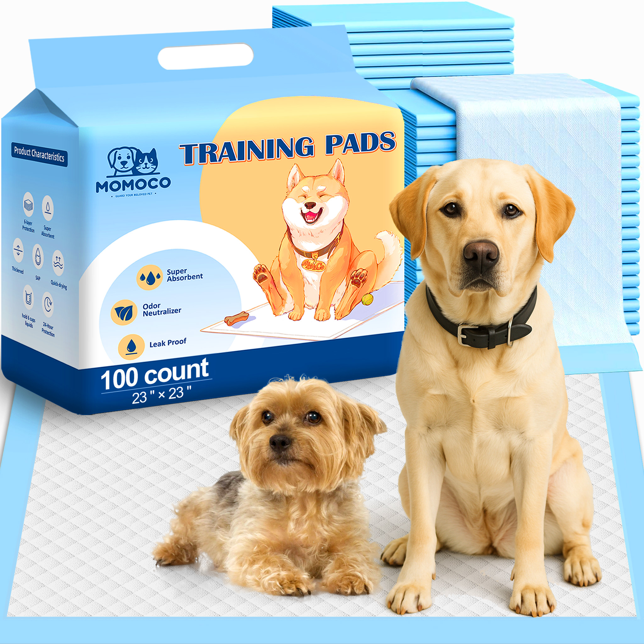 MoMoCo Puppy Pads 23×23, 6-Layer Super Absorbent Dog Pee Pads, 100 Count